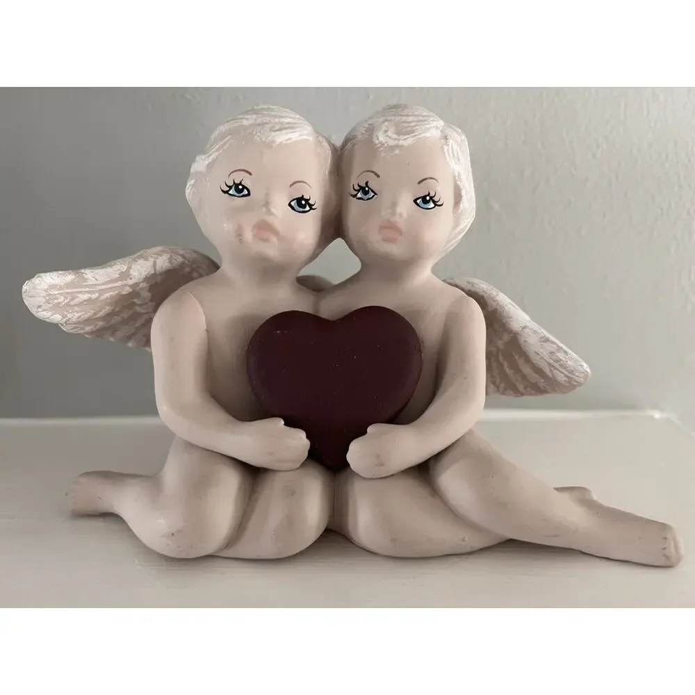 Old Fashioned Bisque Pottery Cherub Couple Angels Holding Heart